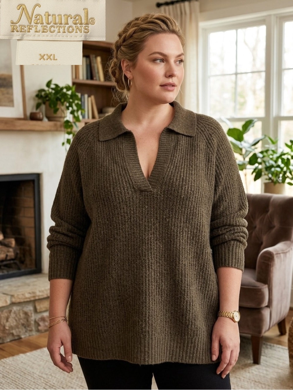 NWOT NATURAL REFLECTIONS Women XXL Sweater Brown Ribbed Knit V-neck Notch Collar